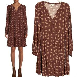 Beach Lunch Lounge Boho Dress Chestnut Brown Paisley V Neck Knee Length SIZE XXL